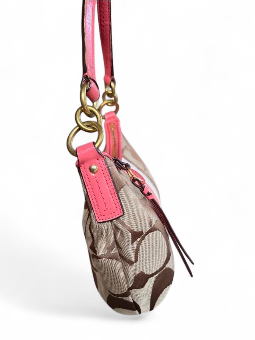 Coach Beige Signature Canvas Shoulder Bag with Pink Stripes - Picture 6 of 15